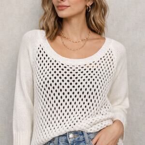 New York & Company Crochet Knit Sweater Womens White Mesh Sequin Soft Girl Small